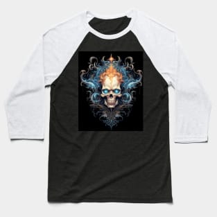 Skull on Blue Fire: Baroque Vintage Ornament Background Baseball T-Shirt